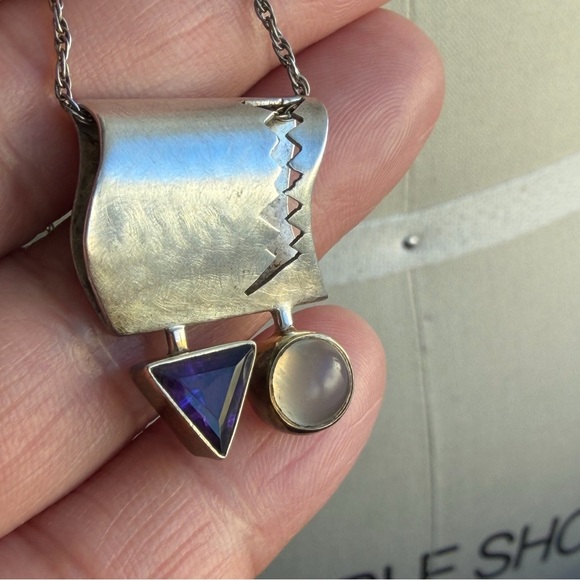 WRE Vintage Artisan Abstract Modernist Amethyst White Stone 925 Pendant Necklace - Picture 8 of 15